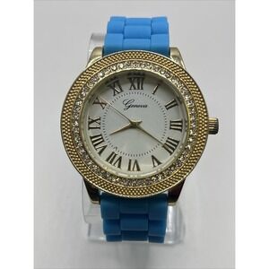 Geneva Women's Quartz Watch Gold Tone Case Blue Silicone Band- New Battery‎